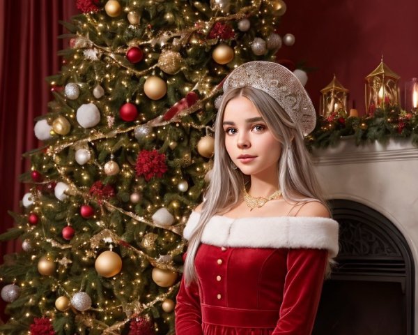 Young woman in red dress by Christmas tree and fireplace