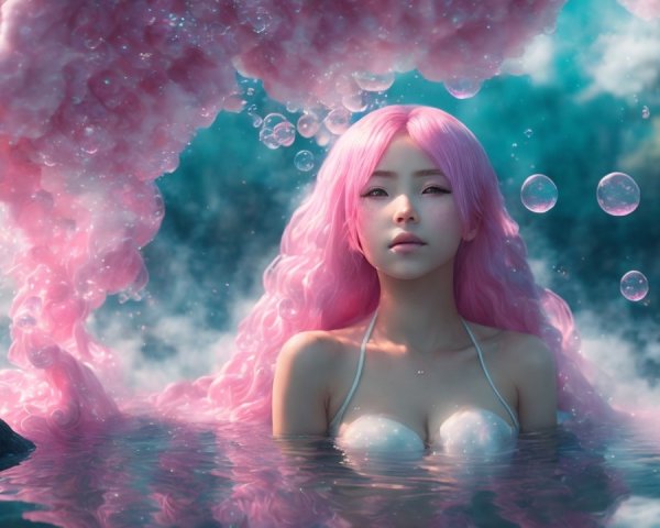 Ethereal Mermaid with Pink Hair in Mystical Water