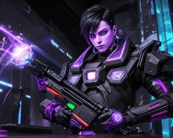Futuristic character in high-tech armor with energy weapon