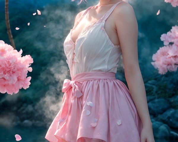 Anime girl with pink hair in cherry blossom scene