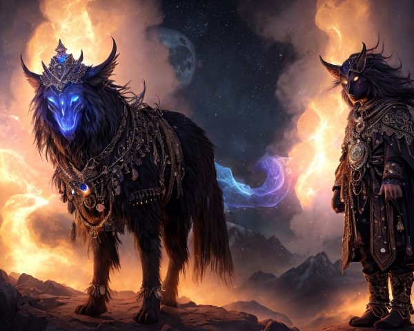 Majestic wolf with glowing accents in cosmic landscape