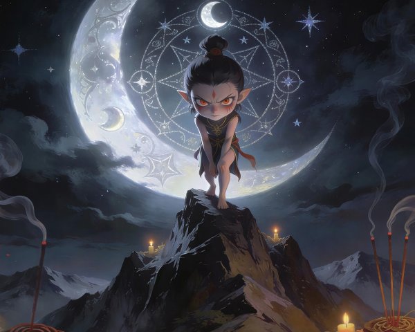 Demonic Baby Elf on Mountain Under Crescent Moon