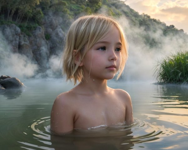 Young Child Above Light Blue Water with Reflection
