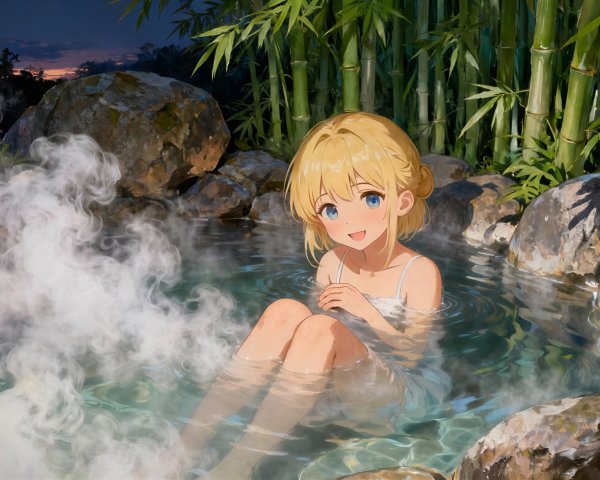 Anime girl in hot spring at twilight with steam