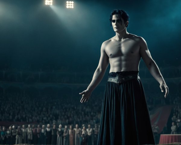 Shirtless man in gothic makeup in a circular arena