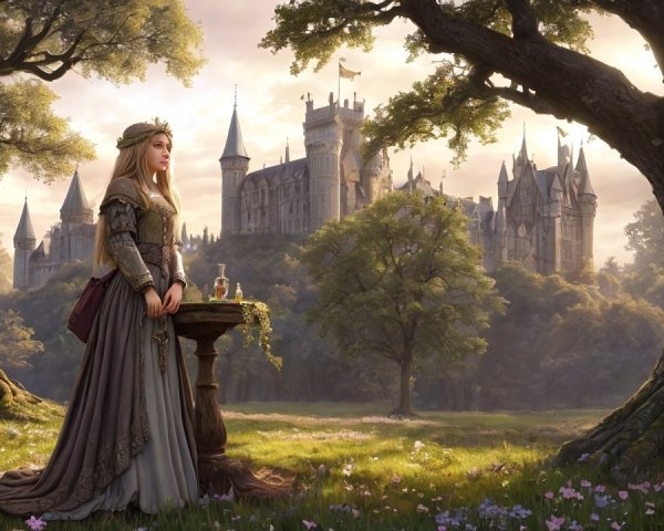Fantasy Landscape with Woman in Medieval Attire