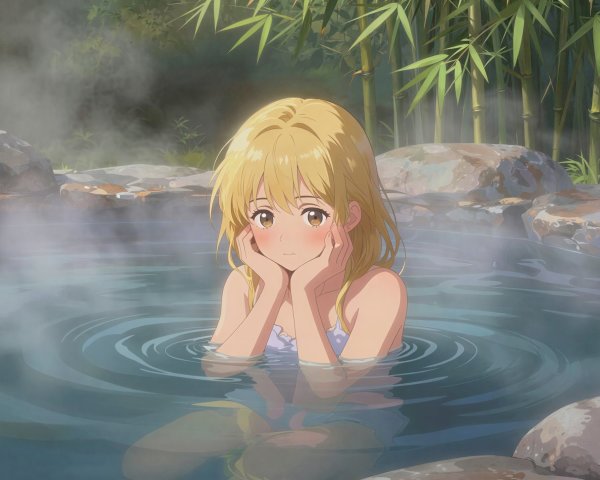 Blonde Female Character in Outdoor Onsen Setting