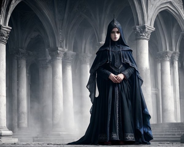 Young woman in dark cloak in gothic cathedral hallway