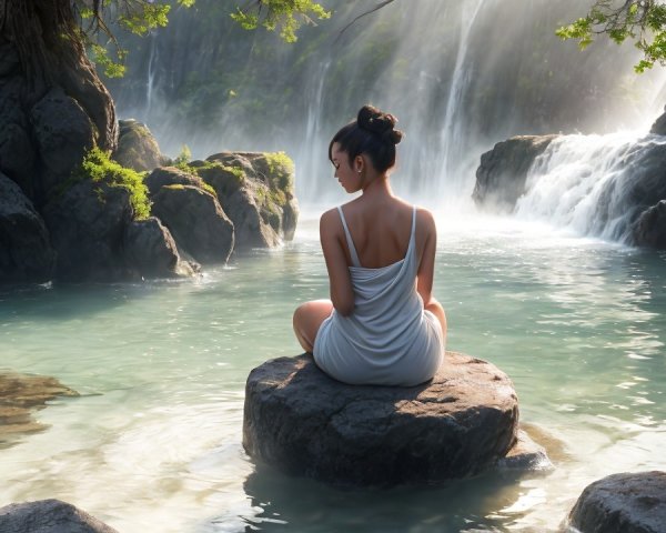 Young woman on rock by lagoon with waterfalls view