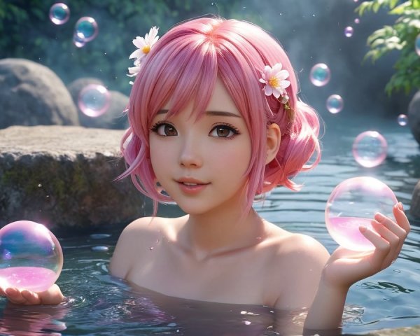 Young Woman with Pink Hair in Natural Hot Spring