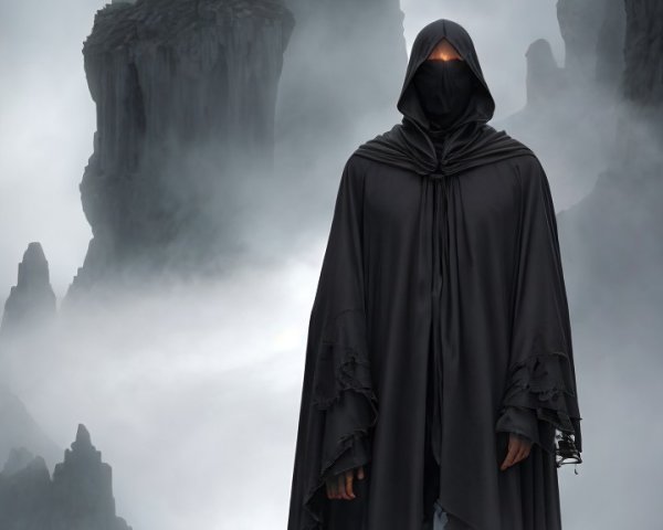 Cloaked Figure on Mossy Outcrop with Castle Background