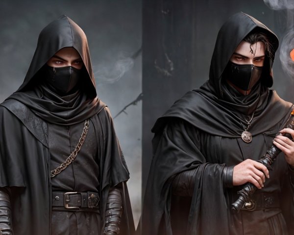 Darkly Dressed Figures in Smoky Background Setting