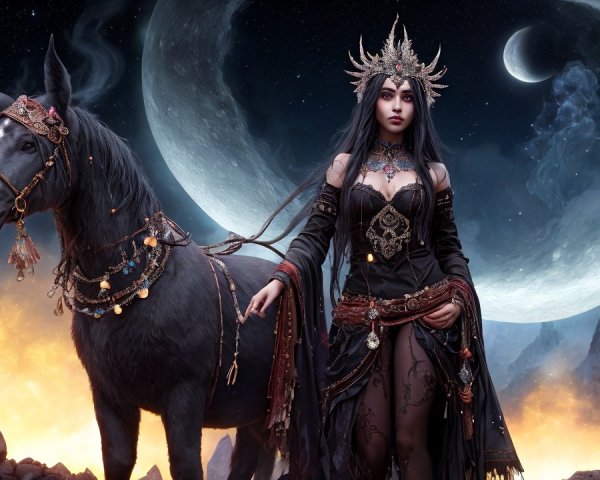 Sorceress with Horse Under Full Moon and Stars