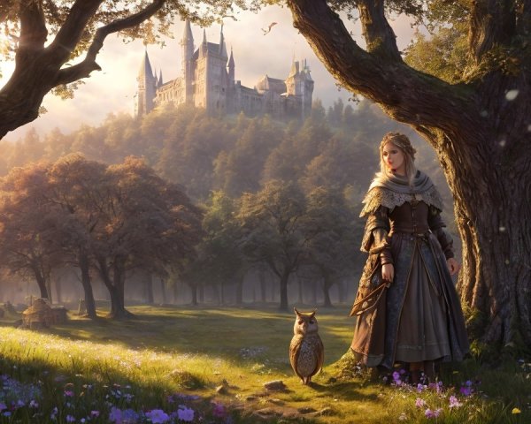 Serene forest scene with a woman and an owl