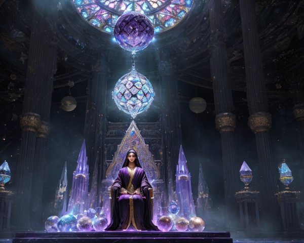 Regal Figure on Ornate Throne in Ethereal Chamber