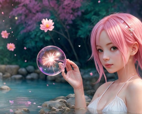 Anime girl with pink hair in water with glowing bubble