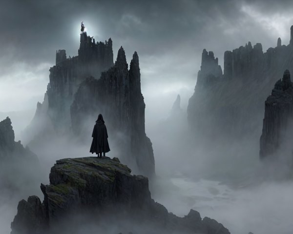 Mysterious Landscape with Cloaked Figure and Castle Peaks