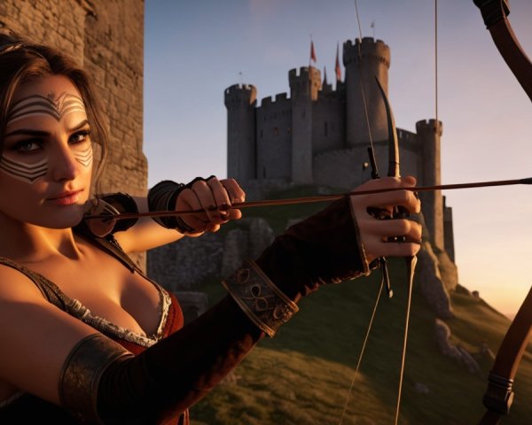 Warrior Woman with Bow on Castle Wall at Sunset