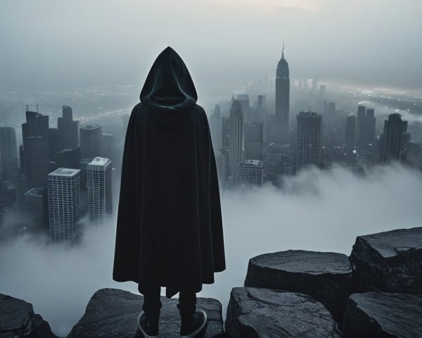 Lone Figure in Cloak Overlooking Foggy Cityscape