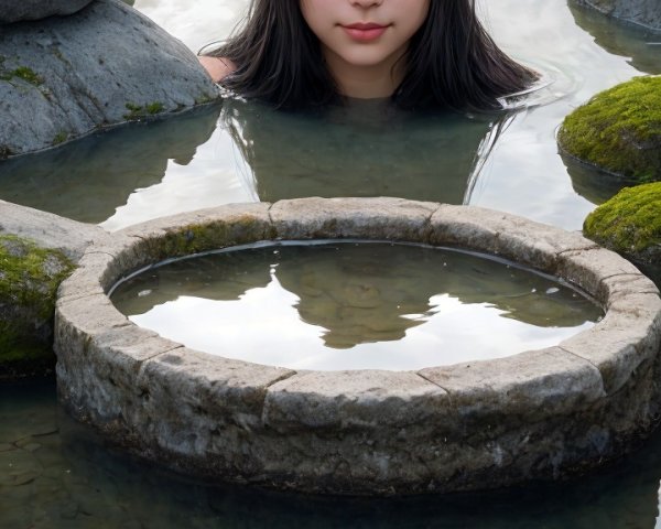 Young woman in pond with rocks and water reflection
