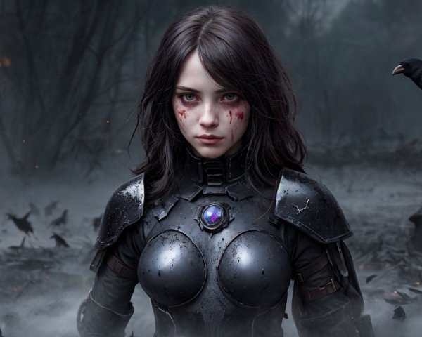 Female Warrior in Dark Landscape with Ravens