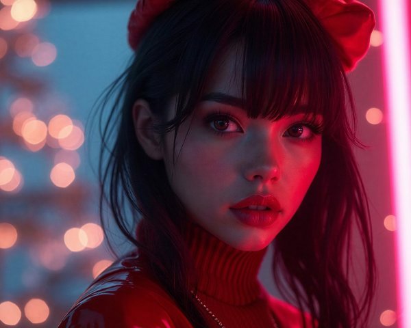 Female Face with Red Lipstick and Shiny Red Outfit