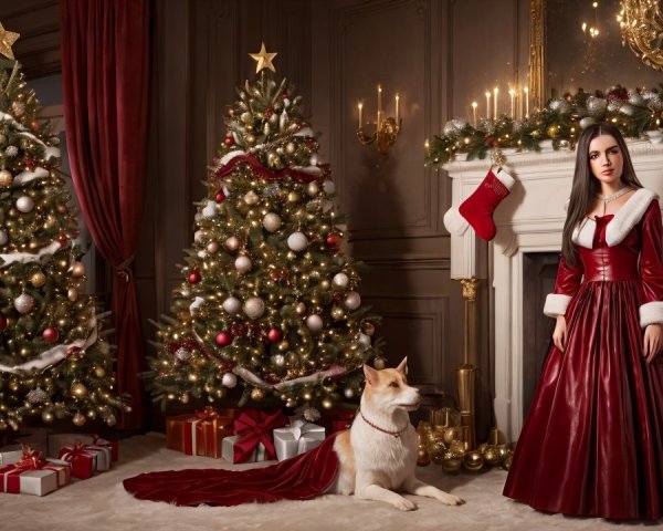 Elegant woman in red leather gown by a festive fireplace