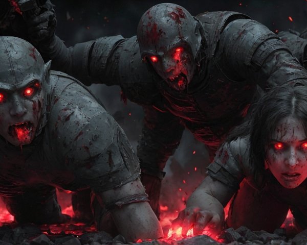 Grotesque Figures with Glowing Eyes in Dark Landscape