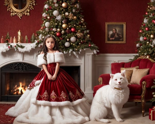 Young girl in festive dress by decorated fireplace