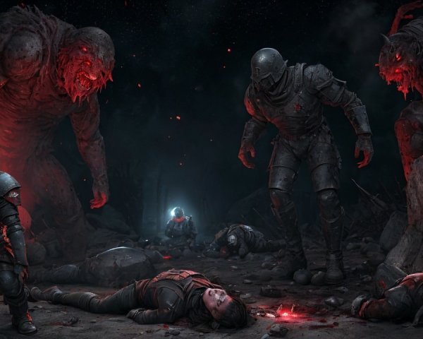 Dark Battlefield with Towering Creatures and Armored Figures