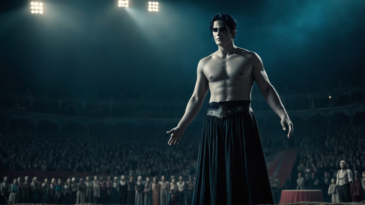 Shirtless man in gothic makeup in a circular arena