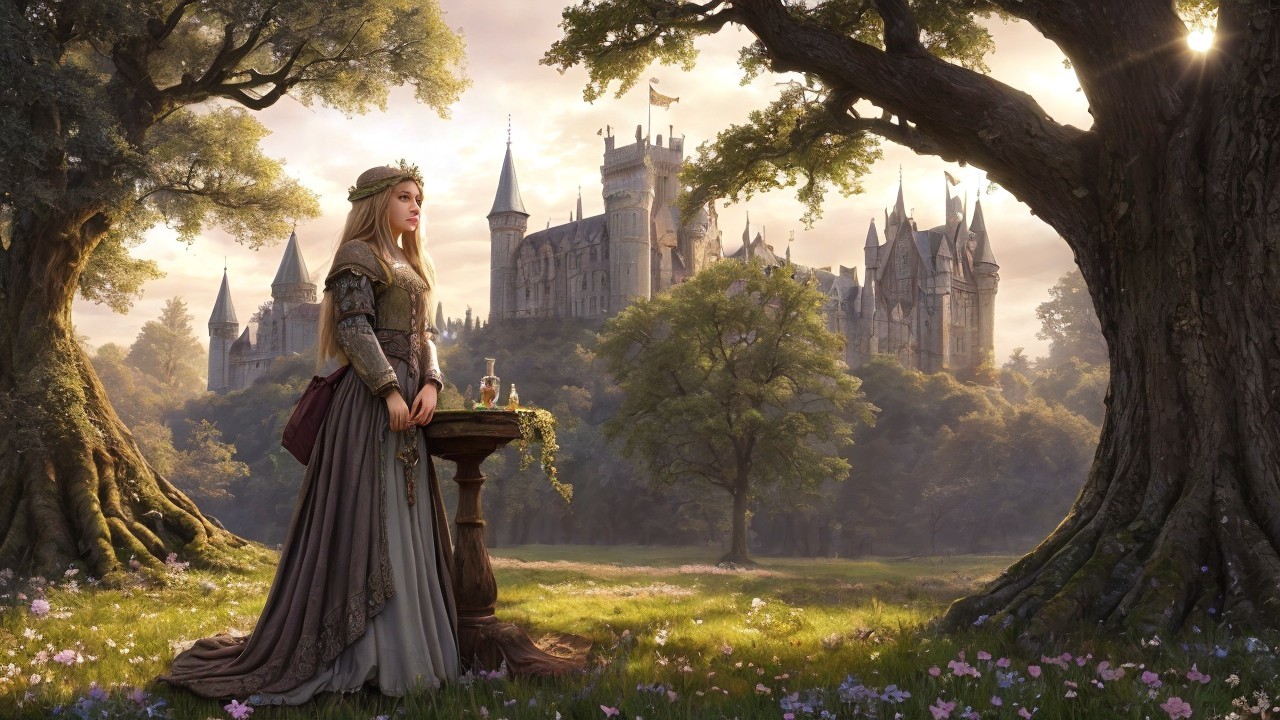 Fantasy Landscape with Woman in Medieval Attire