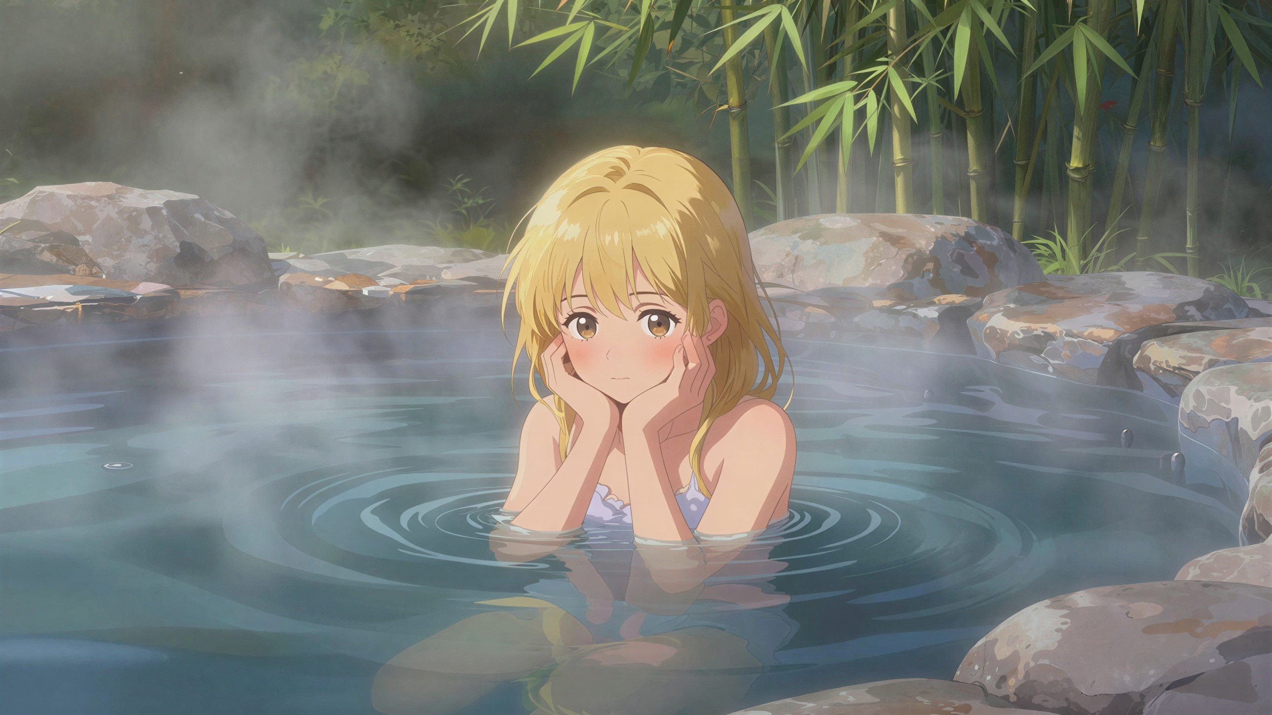 Blonde Female Character in Outdoor Onsen Setting