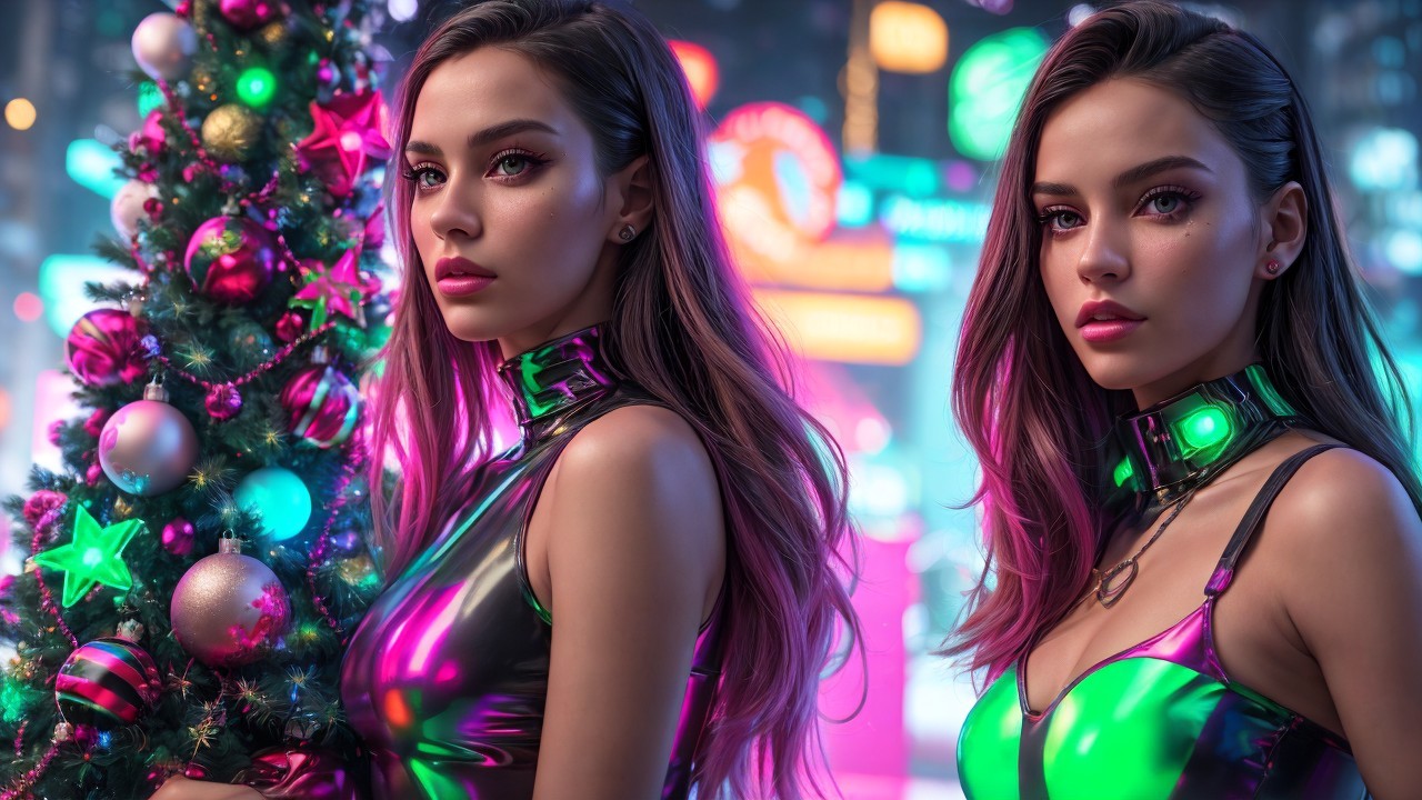 Hyperrealistic Anime Girls by Christmas Tree and Cityscape