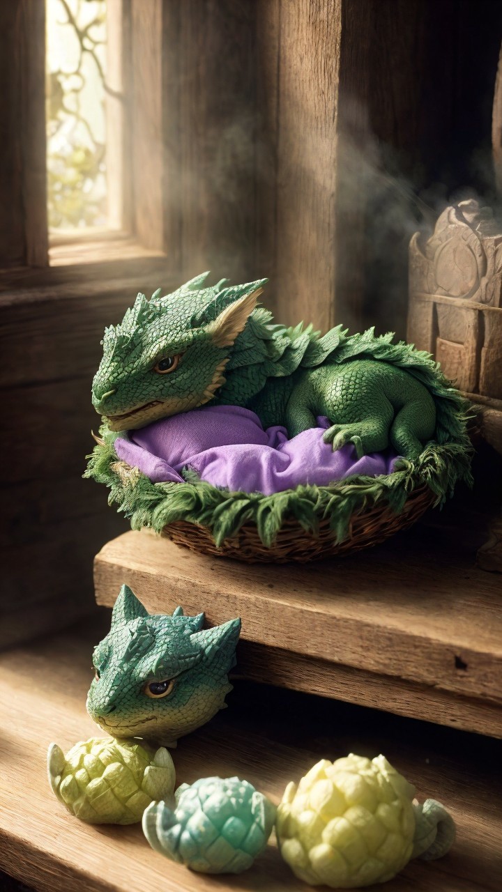 Realistic Green Baby Dragon in Woven Basket Setting
