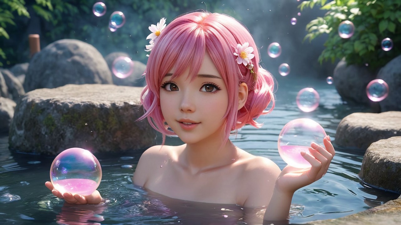 Young Woman with Pink Hair in Natural Hot Spring