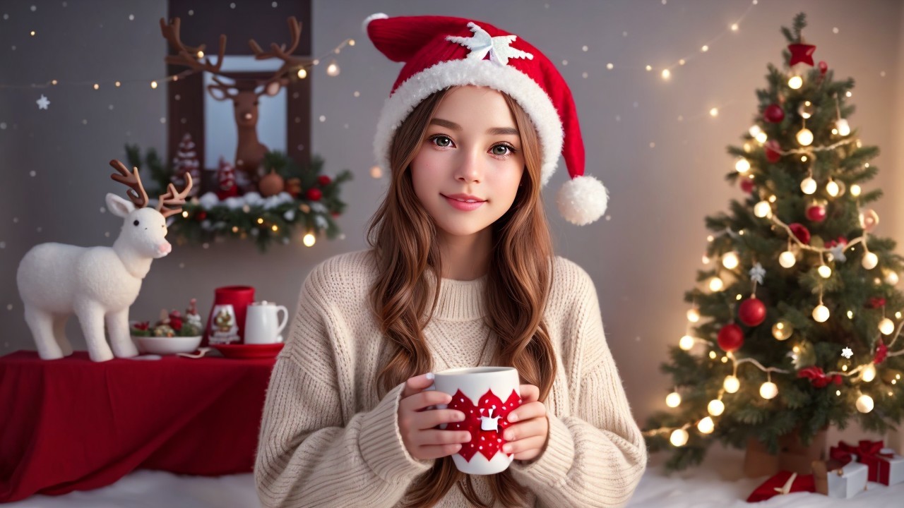 Cozy Christmas Room with Young Woman in Sweater