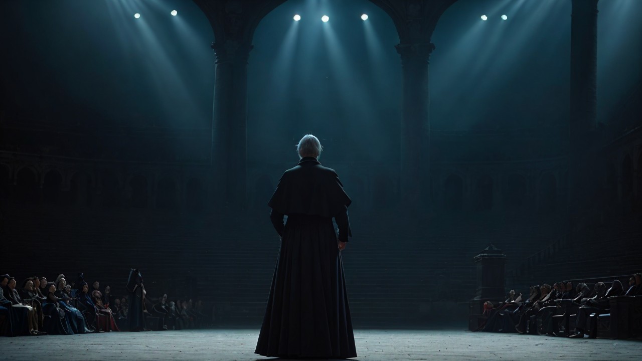 Old woman on stage in dark auditorium with spotlights