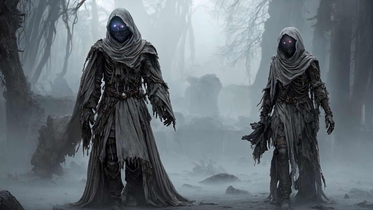 Dark Fantasy Figures in Foggy Forest Setting
