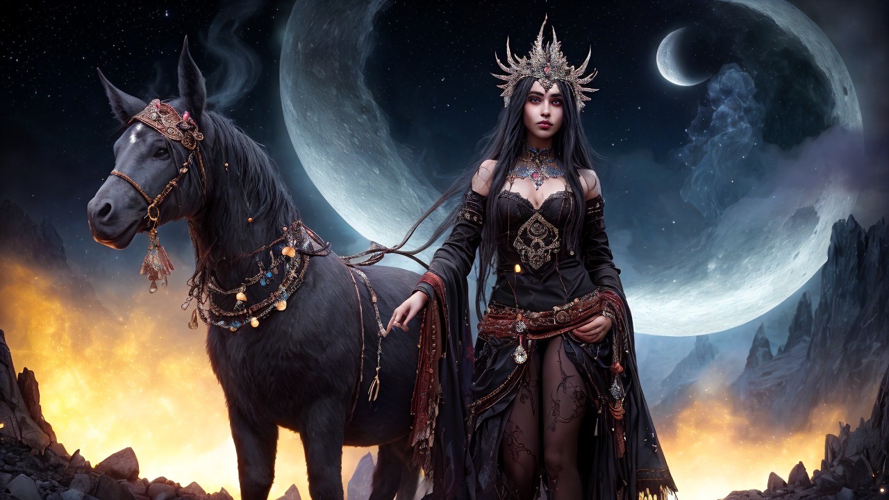 Sorceress with Horse Under Full Moon and Stars