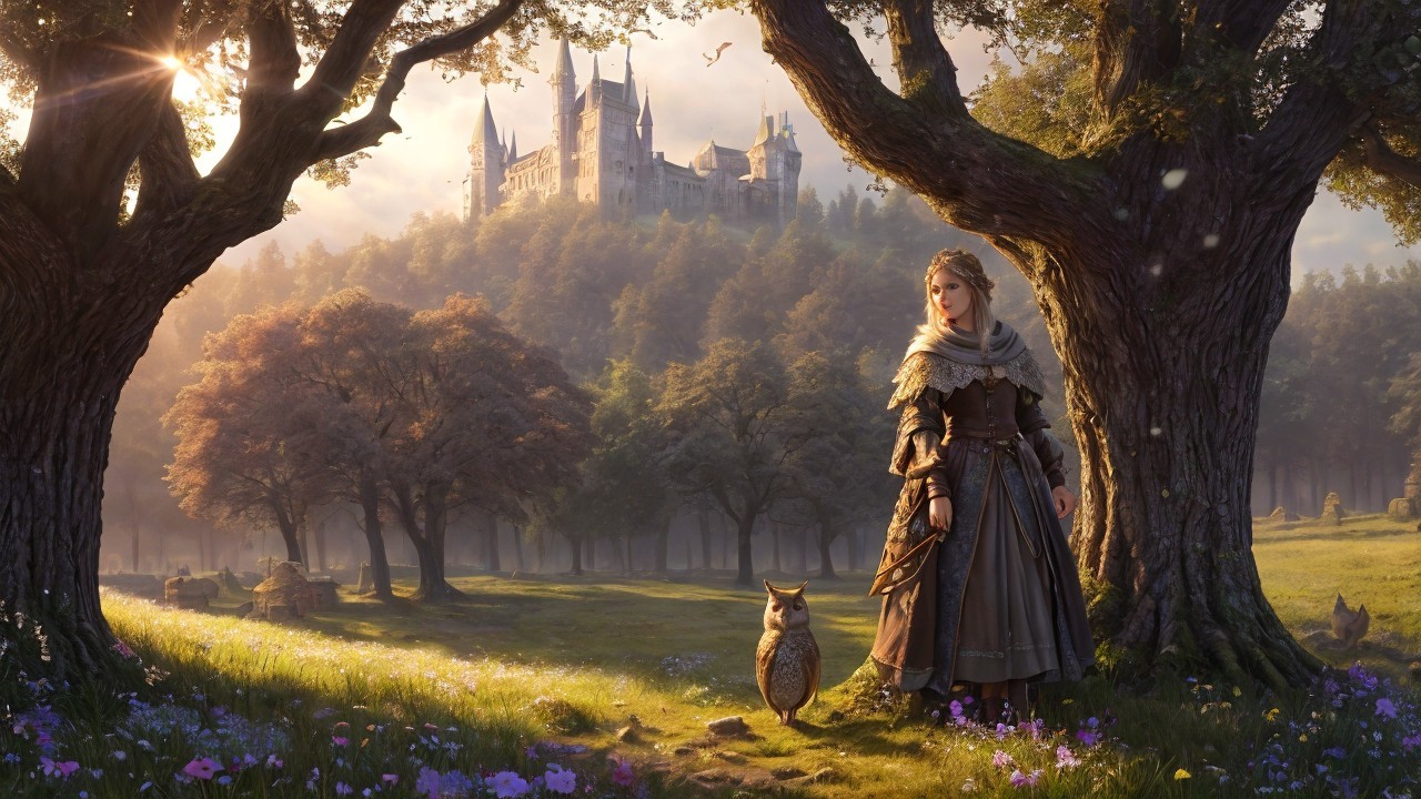 Serene forest scene with a woman and an owl