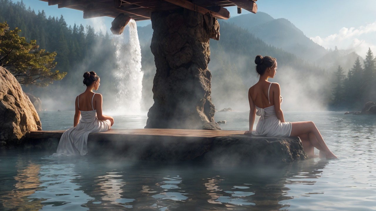 Women in White Dresses by Rocky Hot Spring and Waterfall