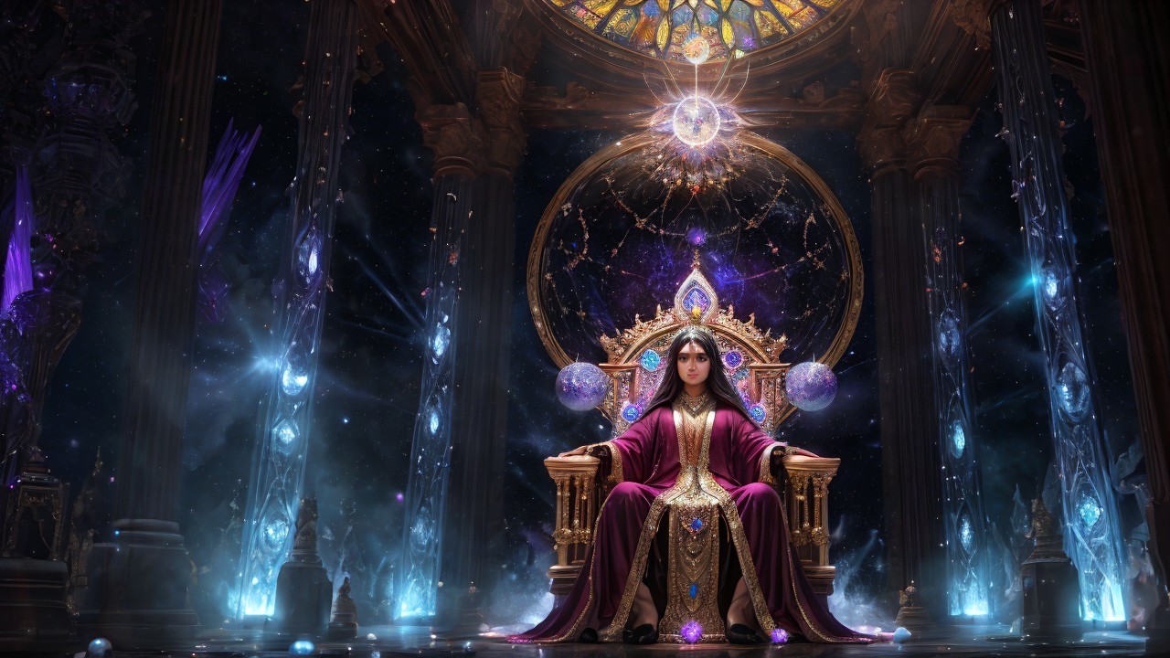 Regal Figure on Ornate Throne with Cosmic Backdrop