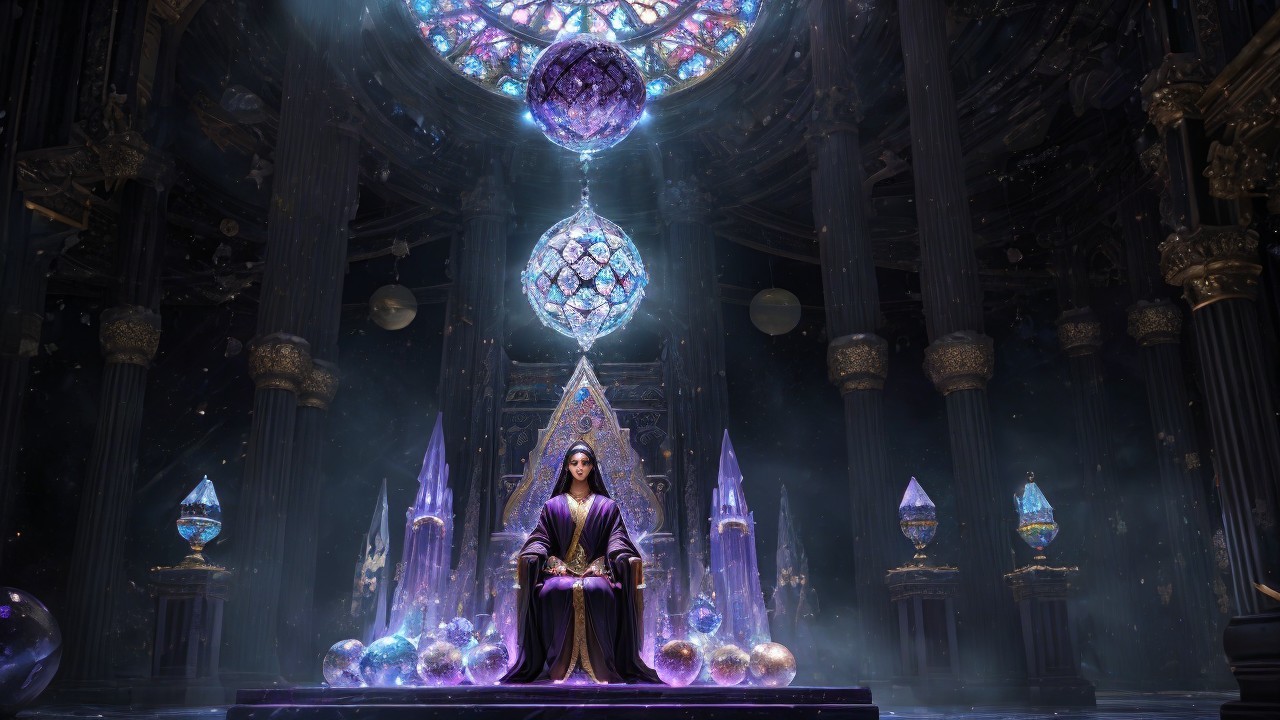 Regal Figure on Ornate Throne in Ethereal Chamber