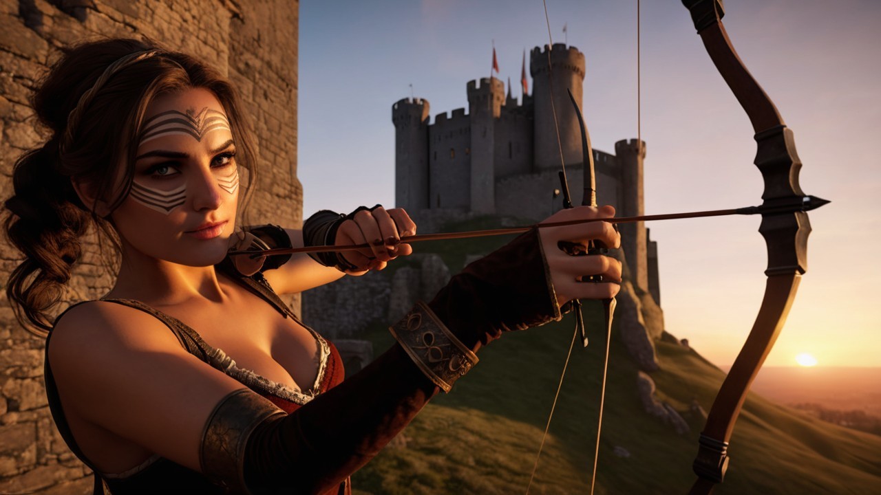 Warrior Woman with Bow on Castle Wall at Sunset