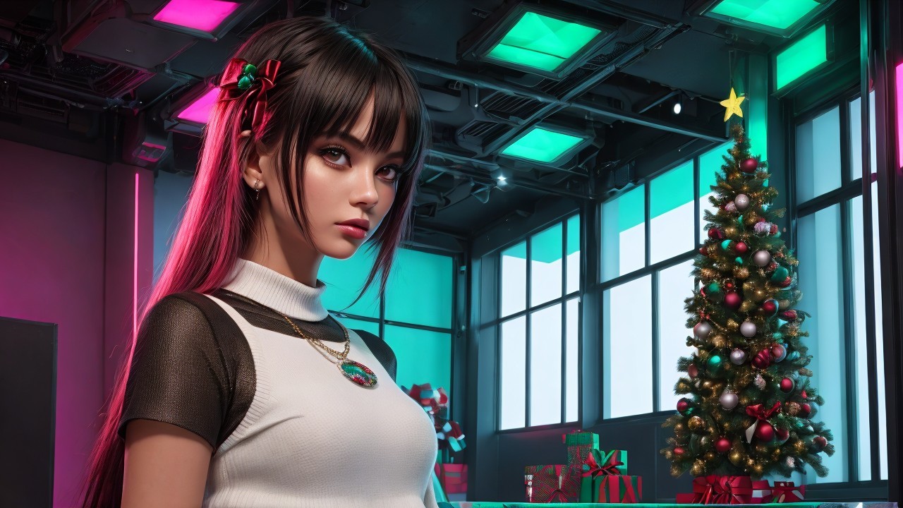 Anime-Inspired Woman in Festive Room Setting