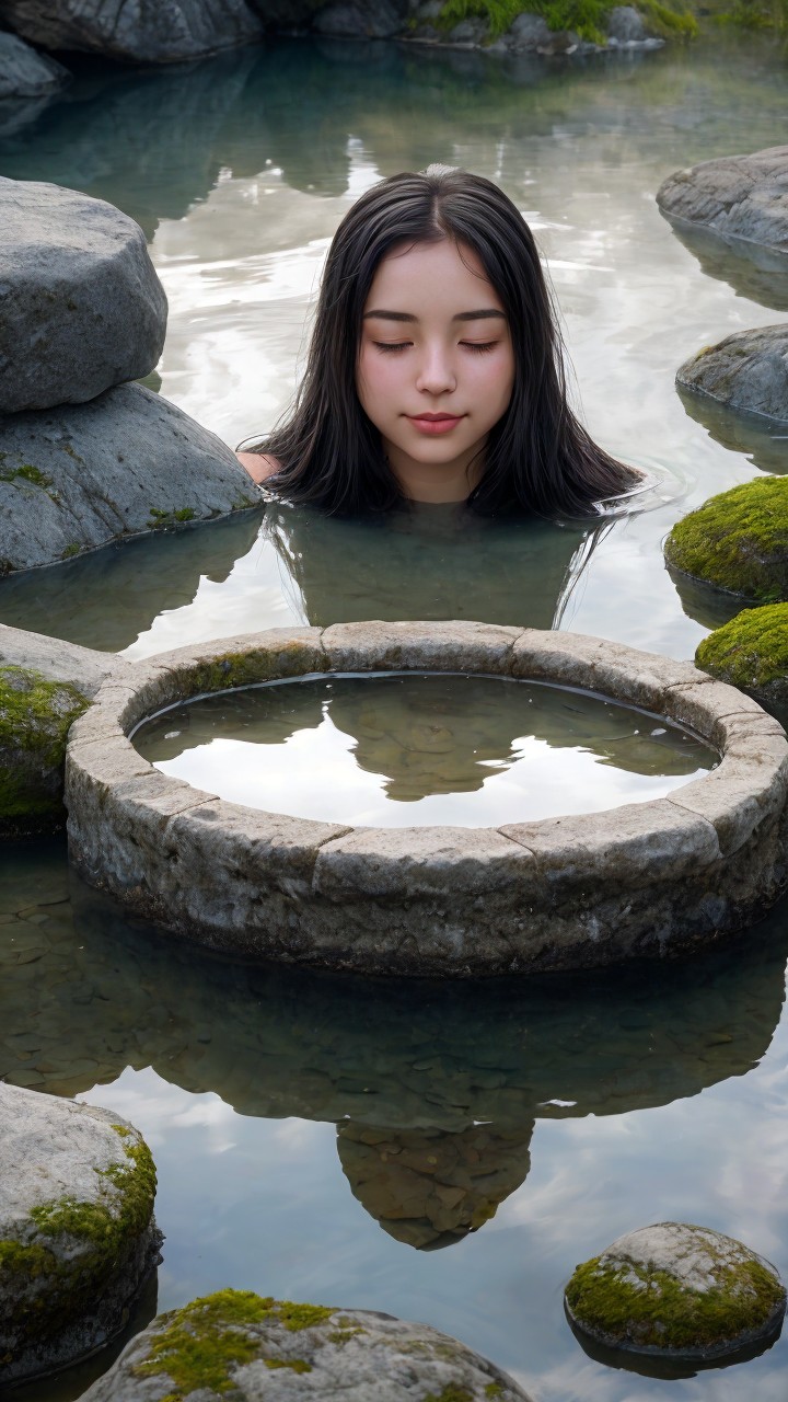 Young woman in pond with rocks and water reflection