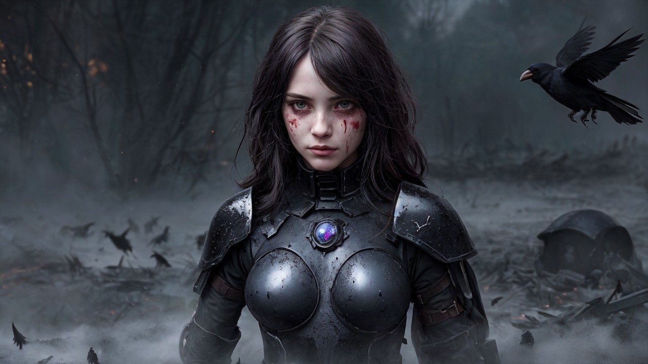 Female Warrior in Dark Landscape with Ravens