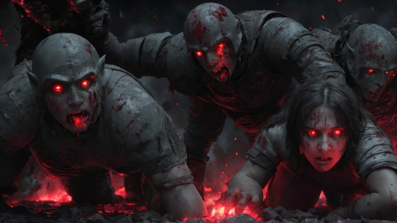 Grotesque Figures with Glowing Eyes in Dark Landscape