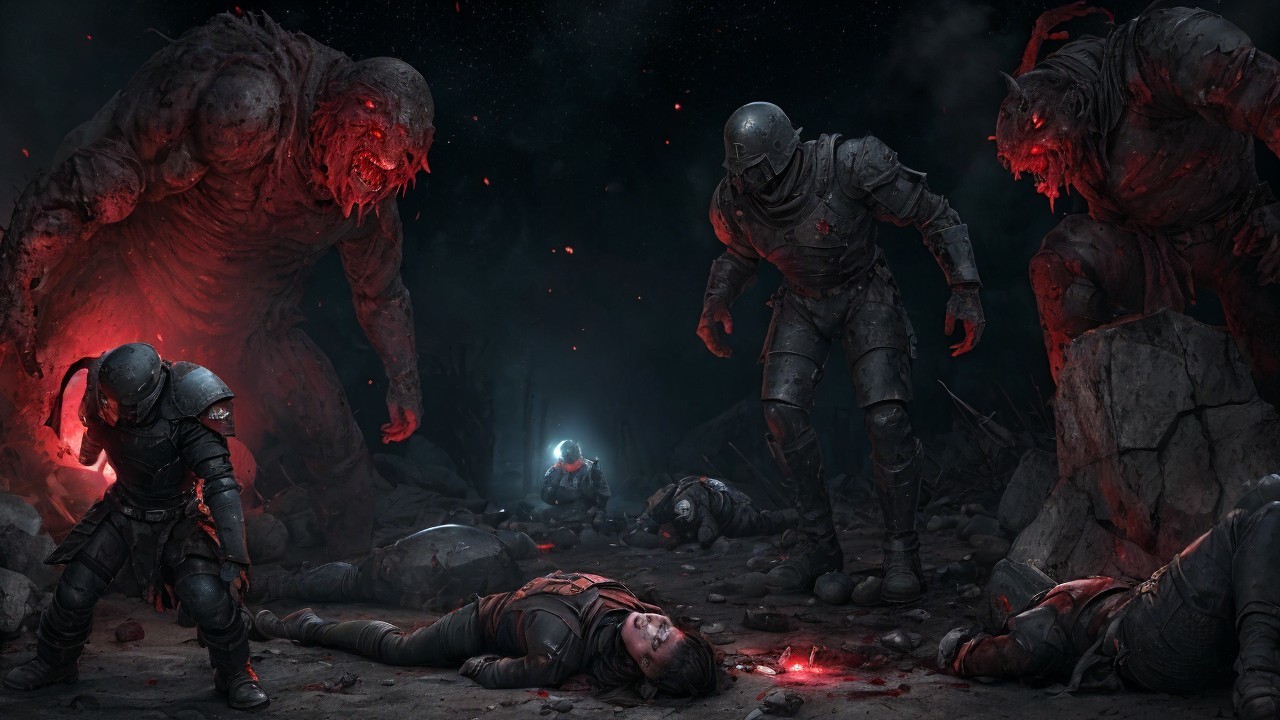 Dark Battlefield with Towering Creatures and Armored Figures